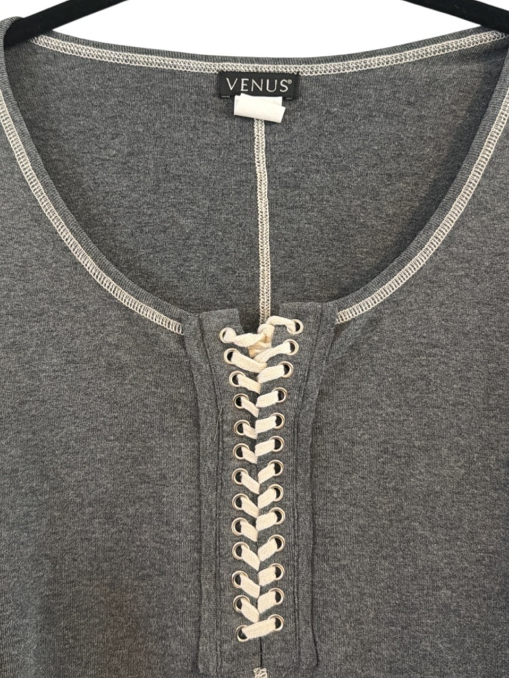 Venus Gray Knit Contrast Stitch Lace Up Henley Long Sleeve Top Large L - Picture 4 of 8